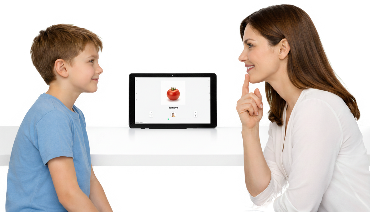 Therapeutin und Kind üben gemeinsam am Tablet